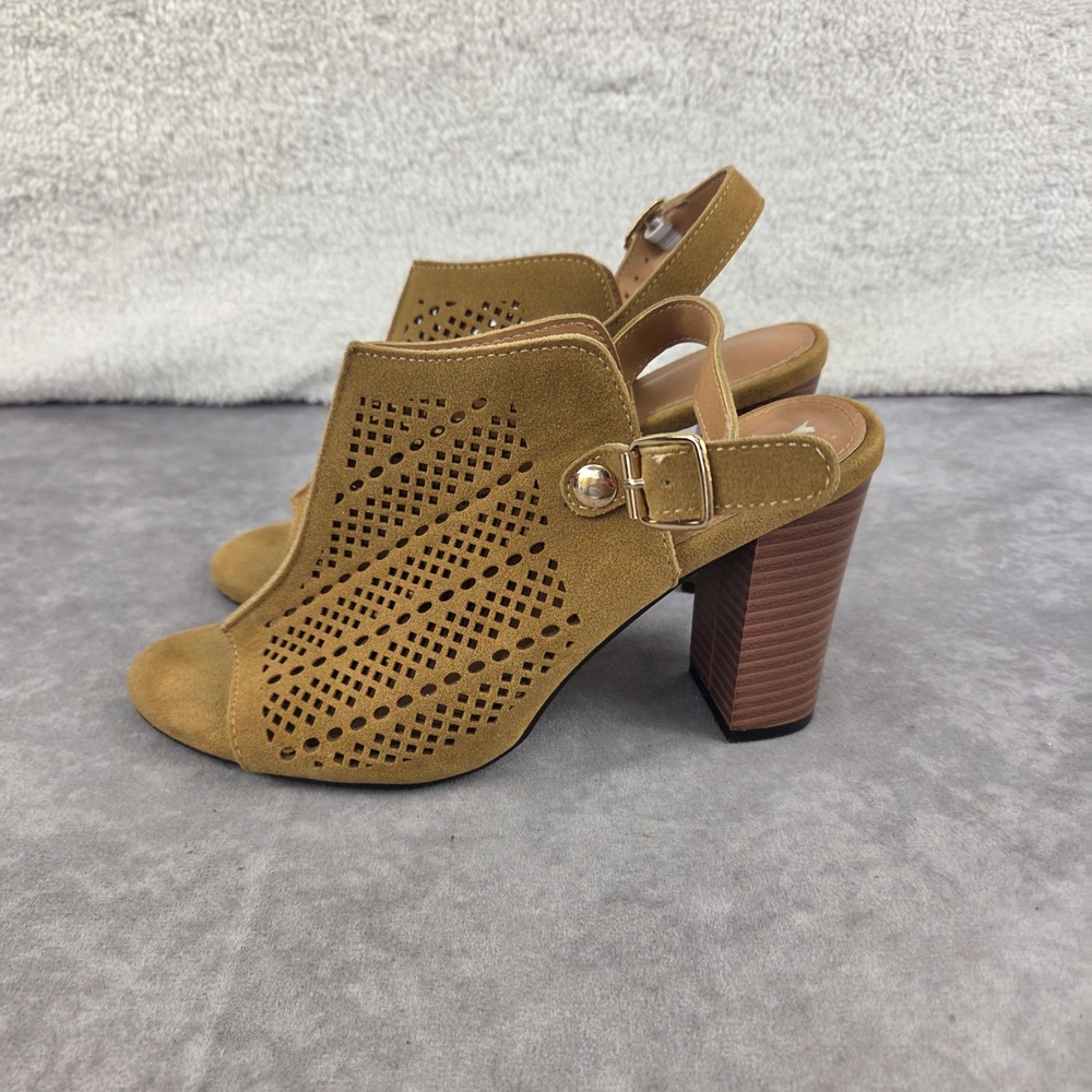 Mustard Yellow Faux Suede Laser Cut Peep Toe Block Heel Slingback Sandals 38